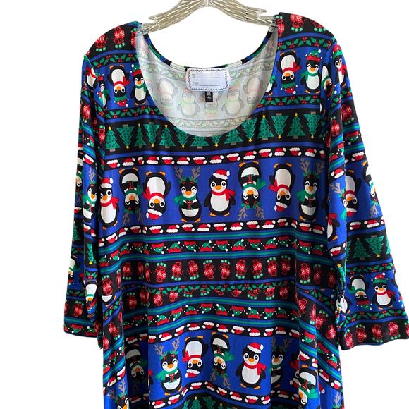 PENGUINS Print Dress 3X Stretchy Holly Mittens Christmas Trees Colorful Holiday - Picture 7 of 11
